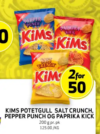 Bunnpris Kims potetgull salt crunch, pepper punch og paprika kick tilbud