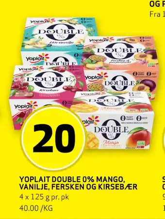 Bunnpris Yoplait double 0% mango, vanilje, fersken og kirsebær tilbud