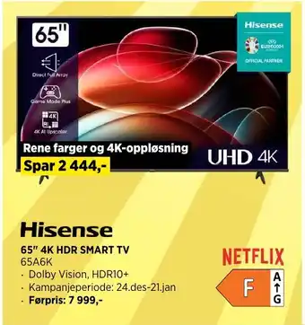 POWER Hisense 65" 4K HDR SMART TV tilbud