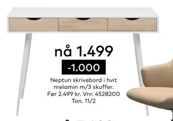 Skeidar Neptun skrivebord i hvit melamin m/3 skuffer tilbud