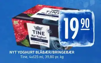 Rema 1000 NYT YOGHURT BLÅBÆR/BRINGEBÆR Tine, 4x125 ml, 39,80 pr. kg tilbud