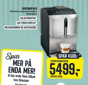 Skousen Siemens espressomaskin tf303e07 tilbud