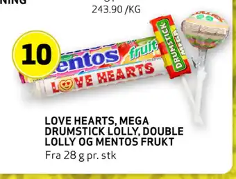 Bunnpris Love hearts, mega drumstick lolly, double lolly og mentos frukt tilbud