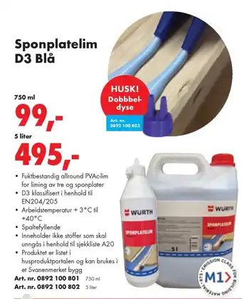 Würth Sponplatelim D3 Blå tilbud