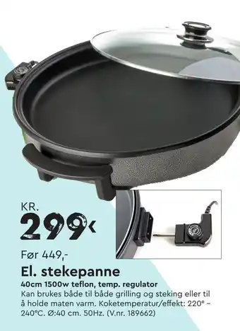 Mekk El. stekepanne 40cm 1500w teflon, temp. regulator tilbud
