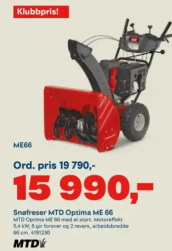 Maxbo Snøfreser MTD Optima ME 66 tilbud