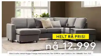 Skeidar Oslo u-sofa i tekstil hygge 11 beige med sorte ben tilbud