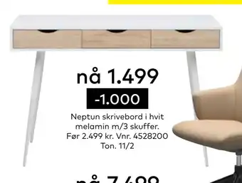 Skeidar Neptun skrivebord i hvit melamin m/3 skuffer tilbud