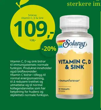 Sunkost Solaray vitamin c, d & sink tilbud
