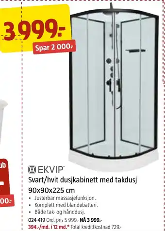 Jula Svart/hvit dusjkabinett med takdusj tilbud