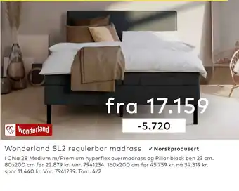 Skeidar Wonderland sl2 regulerbar madrass tilbud