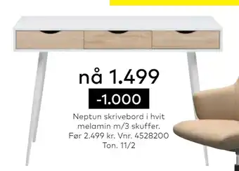 Skeidar Neptun skrivebord i hvit melamin m/3 skuffer tilbud