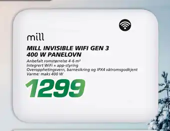 Coop Byggmix Mill invisible wifi gen 3 400 w panelovn tilbud