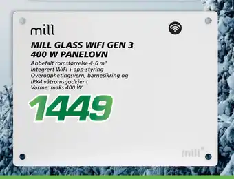 Coop Byggmix Mill glass wifi gen 3 400 w panelovn tilbud