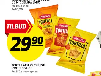 Bunnpris Tortillachips cheese, sweet og hot tilbud