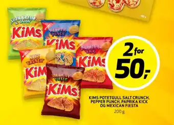 Bunnpris Kims Potetgull Salt Crunch, Pepper Punch, Paprika Kick, og Mexican Fiesta tilbud
