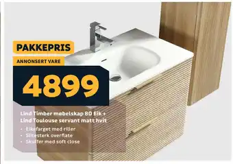Megaflis Lind Timber møbelskap 80 Eik + Lind Toulouse servant matt hvit tilbud