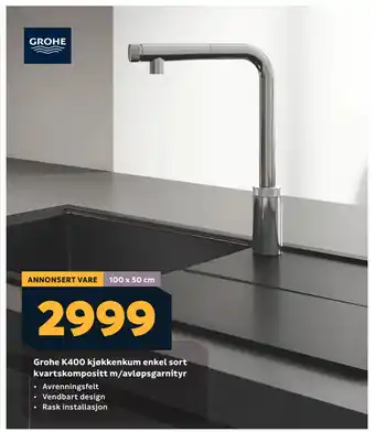 Megaflis Grohe K400 kjøkkenkum enkel sort kvartskompositt m/avløpsgarnityr tilbud