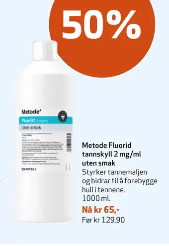 Apotek 1 Metode Fluorid tannskyll 2 mg/ml uten smak tilbud