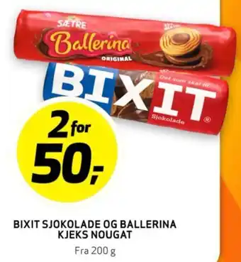 Bunnpris BIXIT SJOKOLADE OG BALLERINA KJEKS NOUGAT tilbud