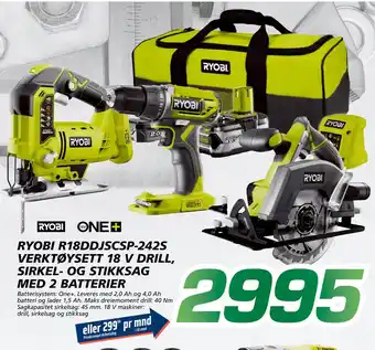 Coop Byggmix RYOBI R18DDJSCSP-242S VERKTØYSETT 18 V DRILL, SIRKEL- OG STIKKSAG MED 2 BATTERIER tilbud