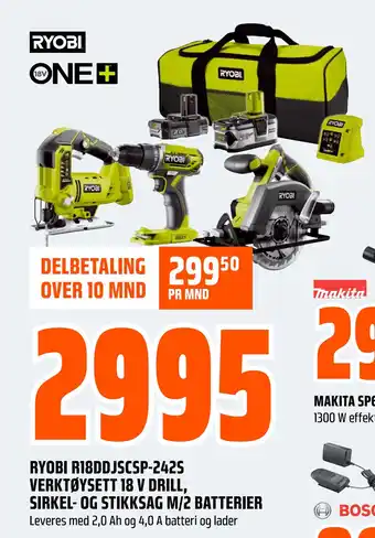 Obs Bygg RYOBI R18DDJSCSP-242S VERKTØYSETT 18 V DRILL, SIRKEL- OG STIKKSAG M/2 BATTERIER tilbud