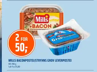 Coop Obs MILLS BACONPOSTEI/STRYHNS GROV LEVERPOSTEI tilbud