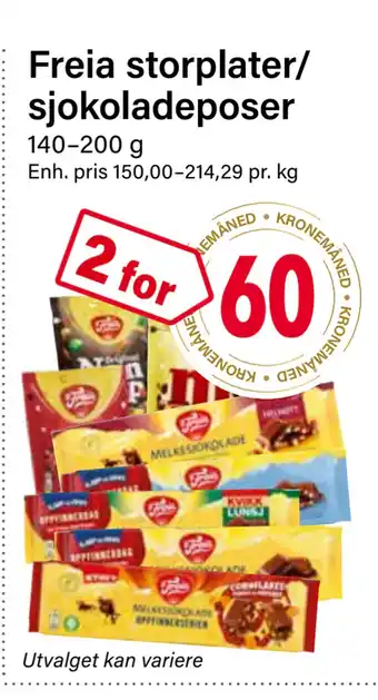 Nærbutikken Freia storplater/ sjokoladeposer tilbud