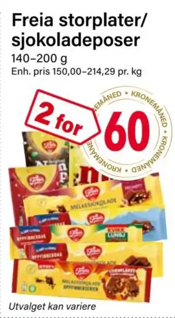 Nærbutikken Freia storplater/ sjokoladeposer tilbud