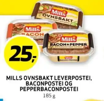 Bunnpris MILLS OVNSBAKT LEVERPOSTEI, BACONPOSTEI OG PEPPERBACONPOSTEI tilbud