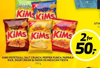 Bunnpris KIMS POTETGULL SALT CRUNCH, PEPPER PUNCH, PAPRIKA KICK, SOUR CREAM & ONION OG MEXICAN FIESTA tilbud