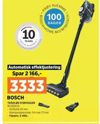 POWER BOSCH TRÅDLØS STØVSUGER BCS82G31 tilbud