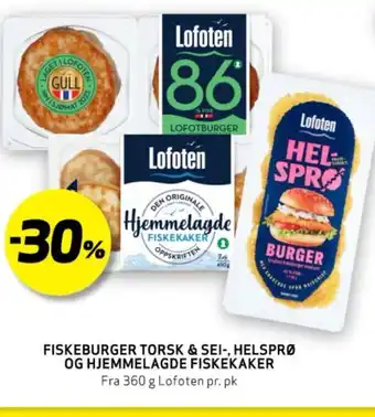 Bunnpris FISKEBURGER TORSK & SEI-, HELSPRØ OG HJEMMELAGDE FISKEKAKER Lofoten tilbud