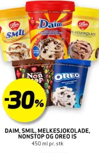 Bunnpris DAIM, SMIL, MELKESJOKOLADE, NONSTOP OG OREO IS tilbud