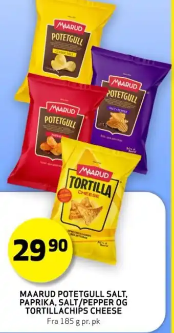 Bunnpris MAARUD POTETGULL SALT, PAPRIKA, SALT/PEPPER OG TORTILLACHIPS CHEESE tilbud
