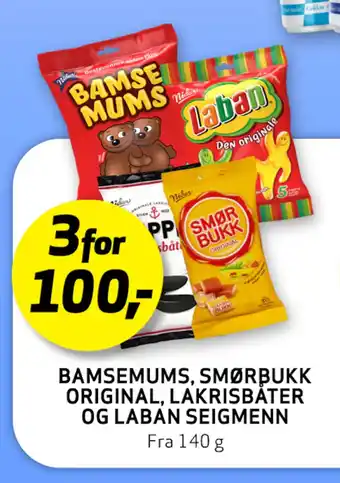Bunnpris BAMSEMUMS, SMØRBUKK OG LABAN SEIGMENN tilbud