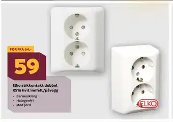 Megaflis Elko stikkontakt dobbel RS16 hvit innfelt/påvegg tilbud