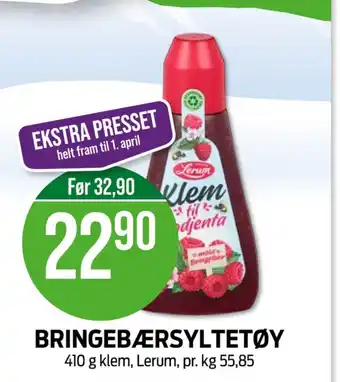 Kiwi Lerum klem bringebærsyltetøy 410 gr tilbud