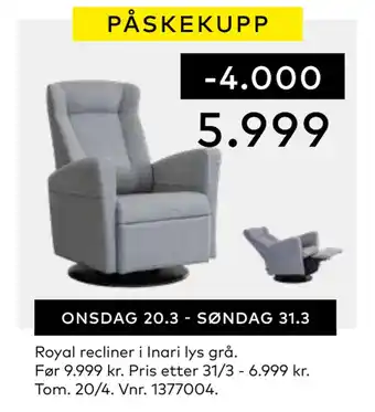 Skeidar Royal recliner i Inari lys grå tilbud