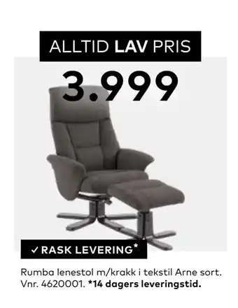 Skeidar Rumba lenestol m/krakk i tekstil Arne sort tilbud
