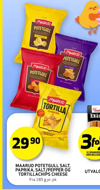 Bunnpris MAARUD Potetgull Salt, Paprika, Salt/Pepper og TortillaChips Cheese tilbud
