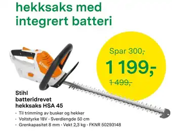 Felleskjøpet Stihl batteridrevet hekksaks HSA 45 tilbud
