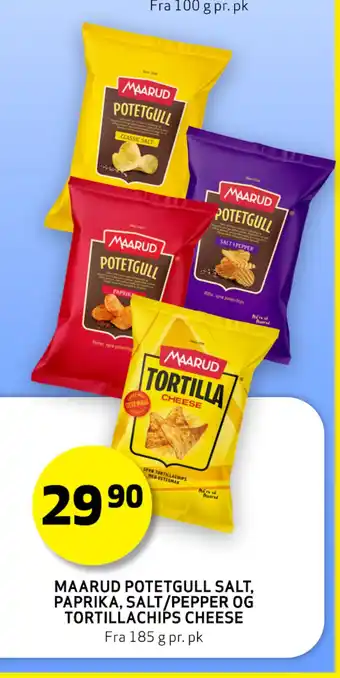 Bunnpris MAARUD POTEGULL SALT, PAPRIKA, SALT/PEPPER OG TORTILLACHIPS CHEESE tilbud