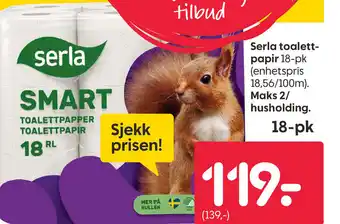 Rusta Serla toalett- papir 18-pk (enhetspris 18,56/100m). Maks 2/ husholding. tilbud
