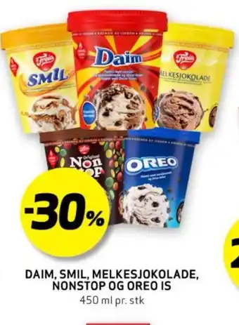 Bunnpris DAIM, SMIL, MELKESJOKOLADE, NONSTOP OG OREO IS tilbud