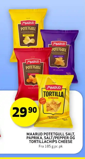 Bunnpris Maarud Potetgull Salt, Paprika, Salt/Pepper og Tortillachips Cheese tilbud