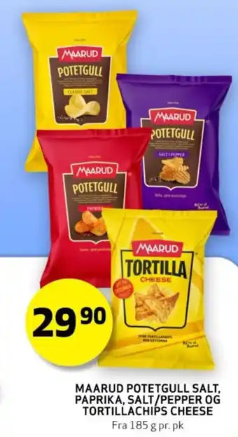 Bunnpris MAARUD POTETGULL SALT, PAPRIKA, SALT/PEPPER OG TORTILLACHIPS CHEESE tilbud