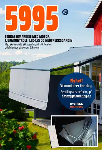 Obs Bygg TERRASSEMARKISE MED MOTOR, FJERNKONTROLL, LED-LYS OG NEDTREKKSGARDIN tilbud