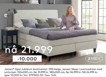 Skeidar Jensen Opal Jubileum kontinental i 390 beige, Jensen Sleep I overmadrass med sorte ben tilbud