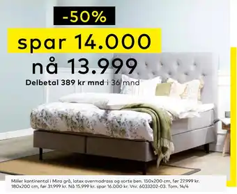 Skeidar Miller kontinental i Mira grå, latex overmadrass og sorte ben tilbud